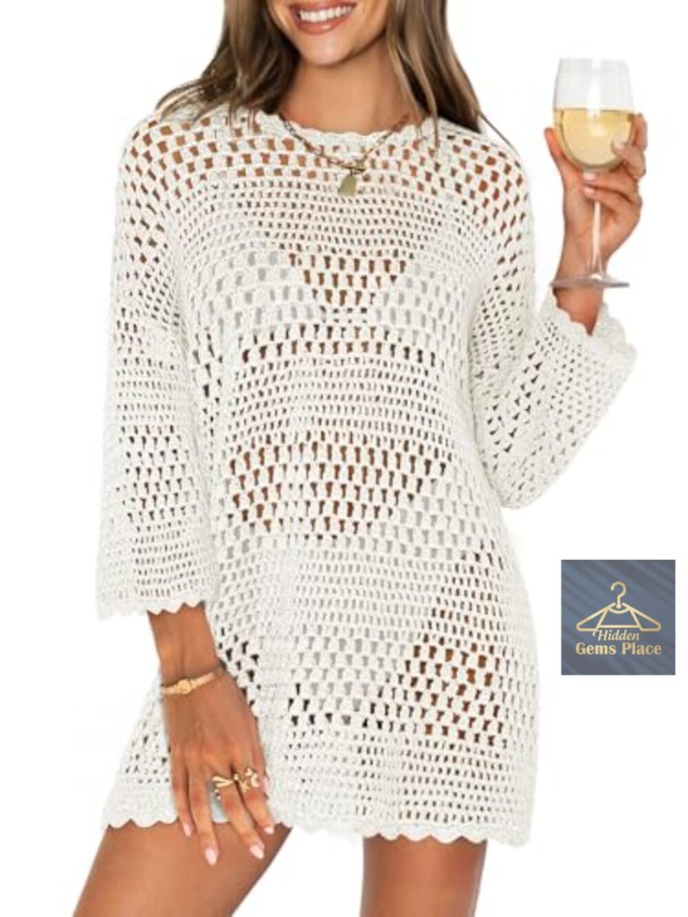 Crochet Knit Swimsuit Cover Up Mini Dress 3/4 Sleeve Loose Fit